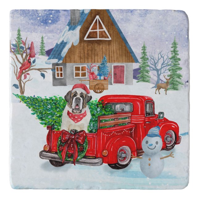 Saint Bernard Dog In Christmas Delivery Truck Snow Trivet (Front)