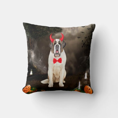 Saint Bernard Dog in Halloween Costume Throw Pillow