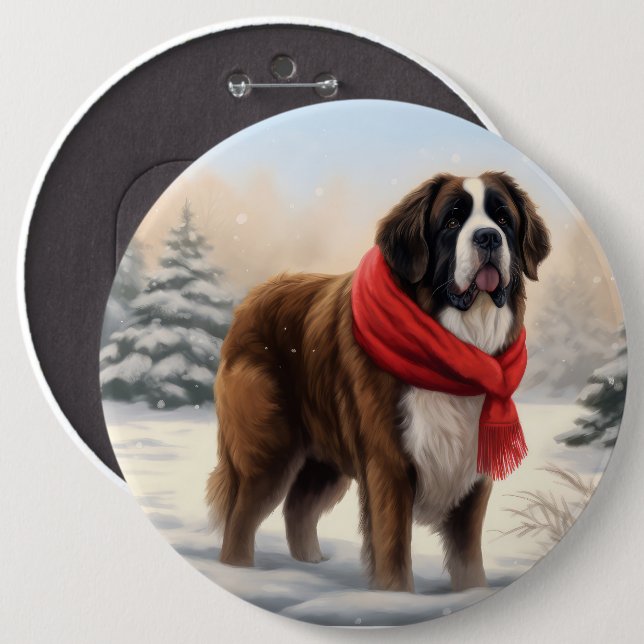 Saint Bernard Dog in Snow Christmas  Button (Front & Back)