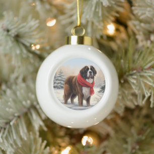 Saint Bernard Dog in Snow Christmas Ceramic Ball Christmas Ornament