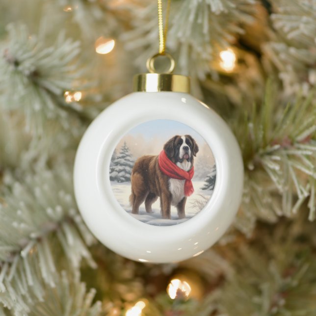 Saint Bernard Dog in Snow Christmas  Ceramic Ball Christmas Ornament (Tree)