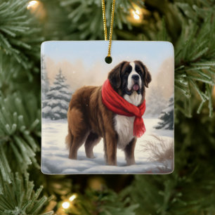 Saint Bernard Dog in Snow Christmas Ceramic Ornament