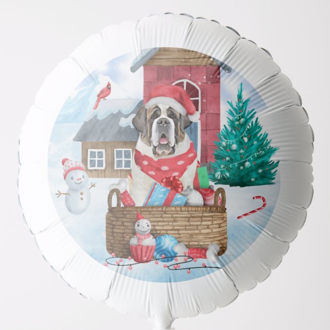 Saint Bernard Dog In snow Christmas Dog House Balloon (Front)
