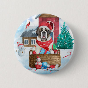 Saint Bernard Dog In snow Christmas Dog House Button