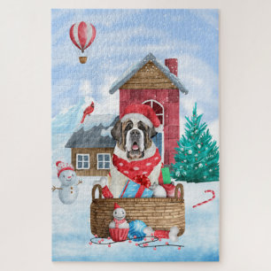 Saint Bernard Dog In snow Christmas Dog House  Jigsaw Puzzle