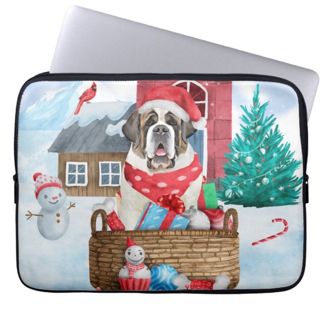Saint Bernard Dog In snow Christmas Dog House Laptop Sleeve (Front)