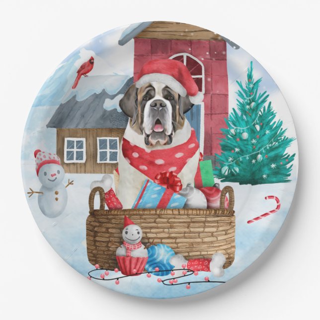 Saint Bernard Dog In snow Christmas Dog House Paper Plates (Front)