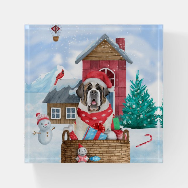 Saint Bernard Dog In snow Christmas Dog House  Paperweight (Front)