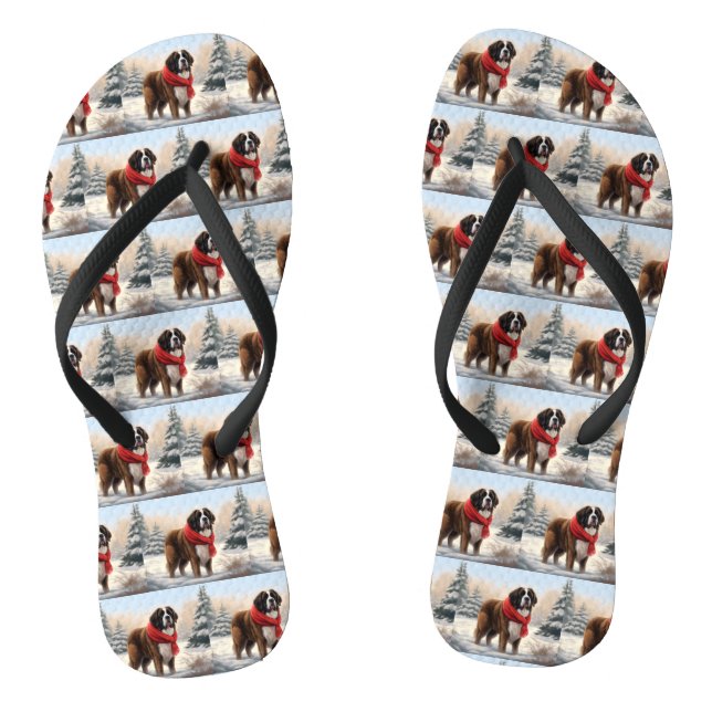 Saint Bernard Dog in Snow Christmas  Flip Flops (Footbed)