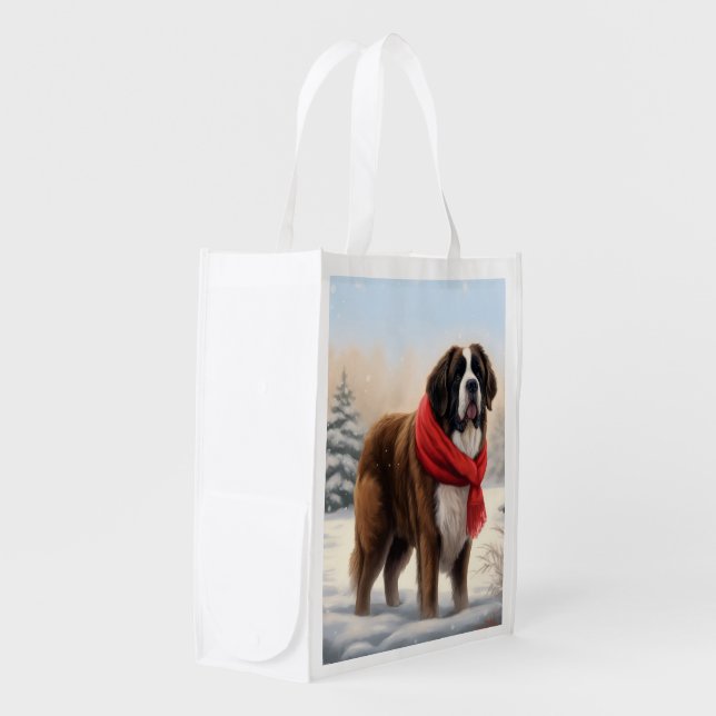 Saint Bernard Dog in Snow Christmas  Grocery Bag (Front Side)