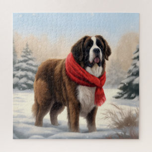 Saint Bernard Dog in Snow Christmas Jigsaw Puzzle