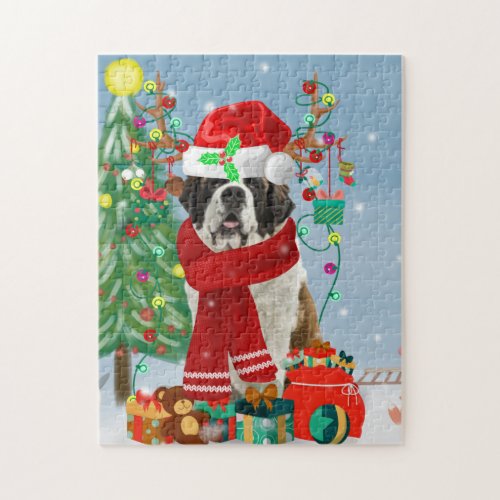 Saint Bernard  Dog in Snow Christmas  Jigsaw Puzzle