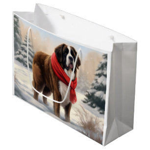 Saint Bernard Dog in Snow Christmas  Large Gift Bag