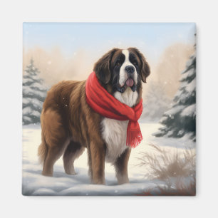 Saint Bernard Dog in Snow Christmas Magnet