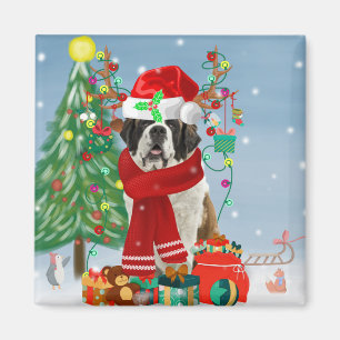 Saint Bernard Dog in Snow Christmas Magnet