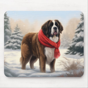 Saint Bernard Dog in Snow Christmas Mouse Pad