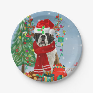 Saint Bernard Dog in Snow Christmas Paper Plates
