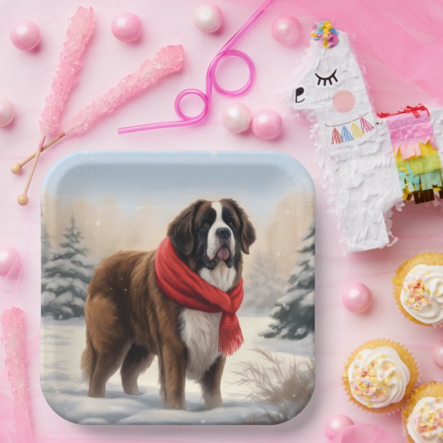 Saint Bernard Dog in Snow Christmas  Paper Plates (Party)