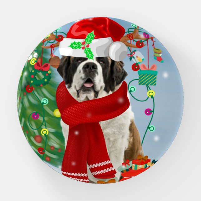 Saint Bernard  Dog in Snow Christmas  Paperweight (Front)