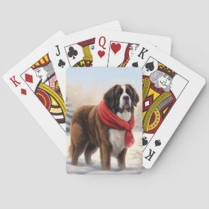 Saint Bernard Dog in Snow Christmas Poker Cards