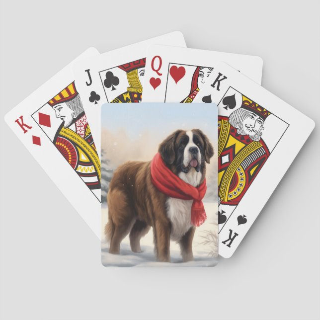 Saint Bernard Dog in Snow Christmas  Poker Cards (Back)