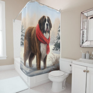 Saint Bernard Dog in Snow Christmas Shower Curtain