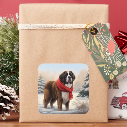 Saint Bernard Dog in Snow Christmas  Square Sticker