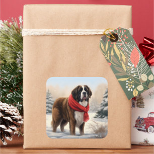 Saint Bernard Dog in Snow Christmas Square Sticker