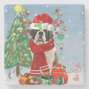 Saint Bernard Dog in Snow Christmas Stone Coaster