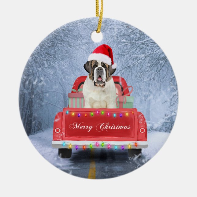 Saint Bernard Dog in Snow sitting Christmas Truck  Ceramic Ornament (Front)
