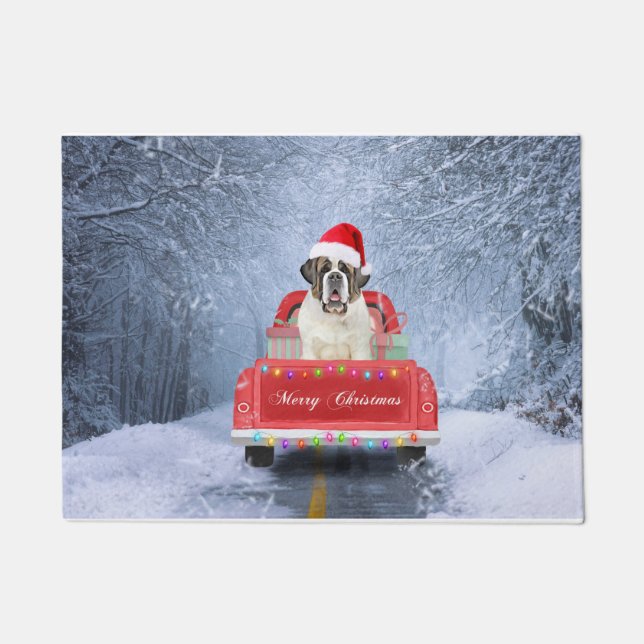 Saint Bernard Dog in Snow sitting Christmas Truck  Doormat (Front)