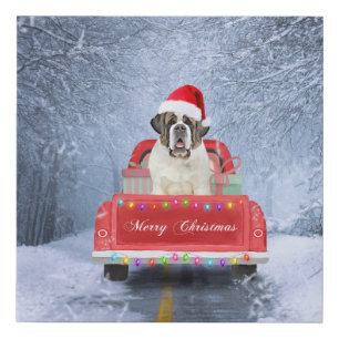 Saint Bernard Dog in Snow sitting Christmas Truck Faux Canvas Print