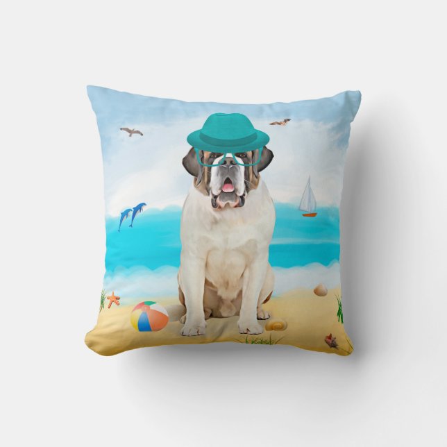 Saint Bernard Dog on Beach  Throw Pillow (Front)