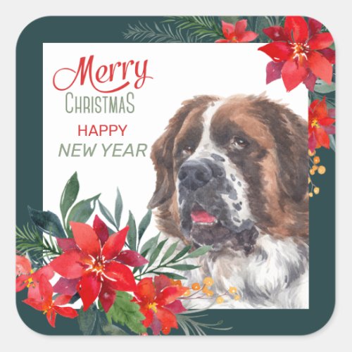 Saint Bernard Dog Poinsettia Border Christmas  Square Sticker