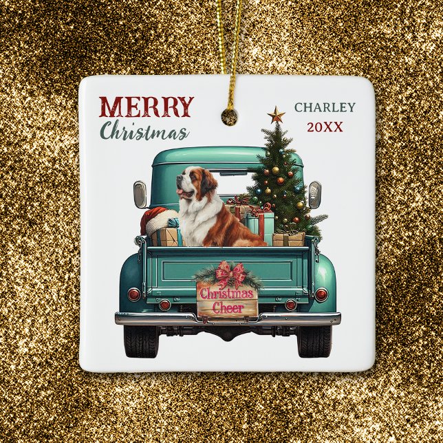 Saint Bernard Dog Retro Truck Christmas Ceramic Ornament (Creator Uploaded)
