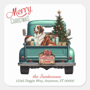 Saint Bernard Dog Retro Truck Christmas Square Sticker