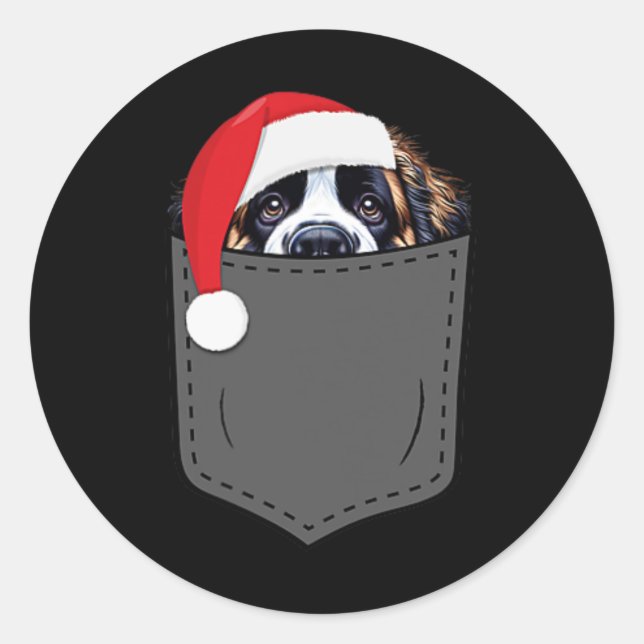 Saint Bernard Dog Santa Hat Christmas Pocket Fun X Classic Round Sticker (Front)