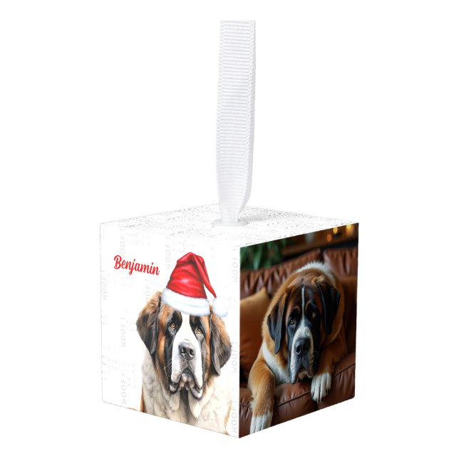 Saint Bernard Dog Two Photo Christmas Holiday Cube Ornament (Front Angled)