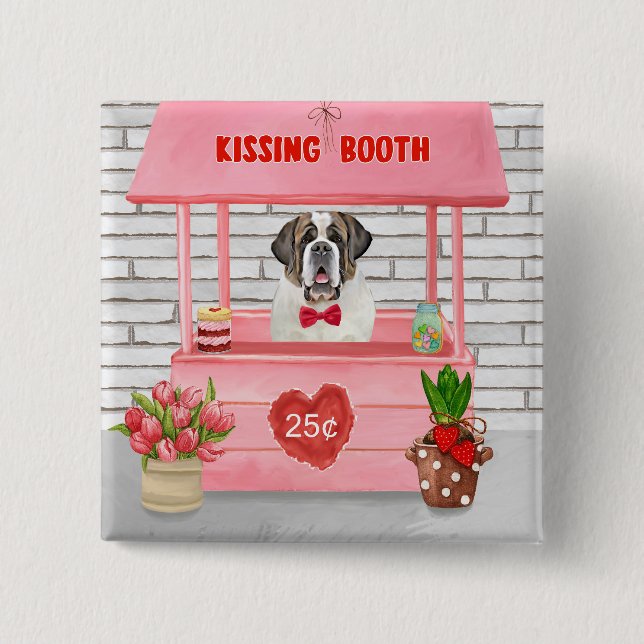 Saint Bernard Dog Valentine's Day Kissing Booth Button (Front)