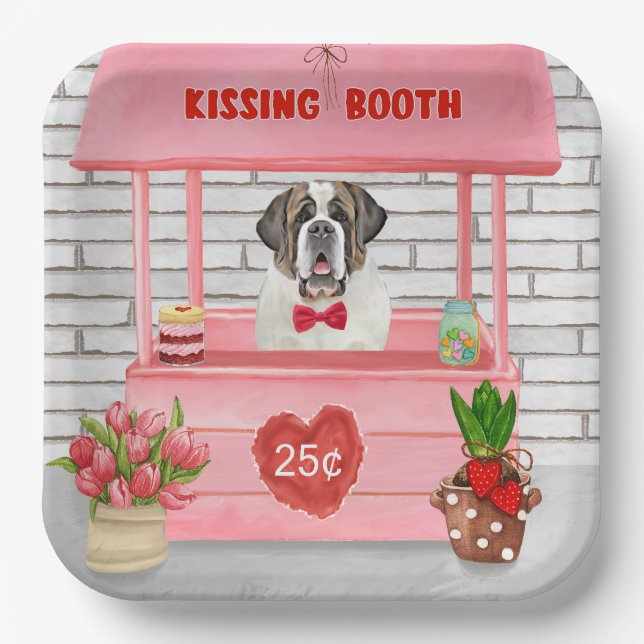 Saint Bernard Dog Valentine's Day Kissing Booth Paper Plates (Front)