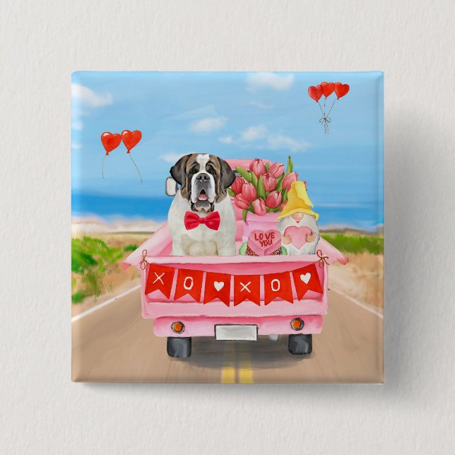 Saint Bernard Dog Valentine's Day Truck Hearts Button (Front)