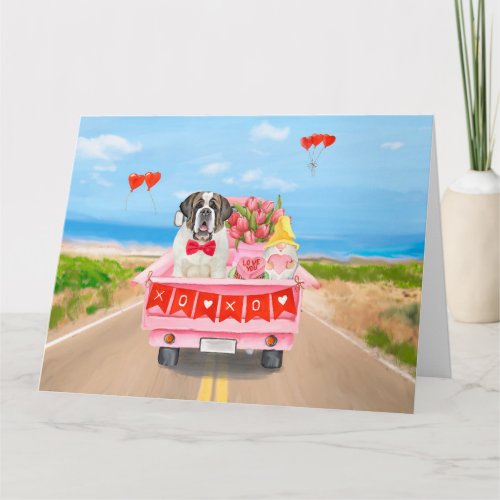 Saint Bernard Dog Valentines Day Truck Hearts Card