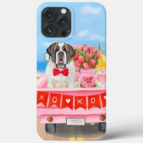 Saint Bernard Dog Valentines Day Truck Hearts iPhone 13 Pro Max Case
