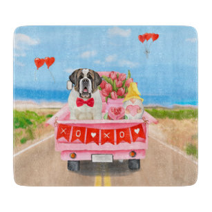 Saint Bernard Dog Valentine's Day Truck Hearts Cutting Board