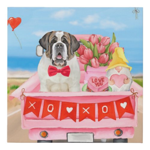 Saint Bernard Dog Valentines Day Truck Hearts Faux Canvas Print