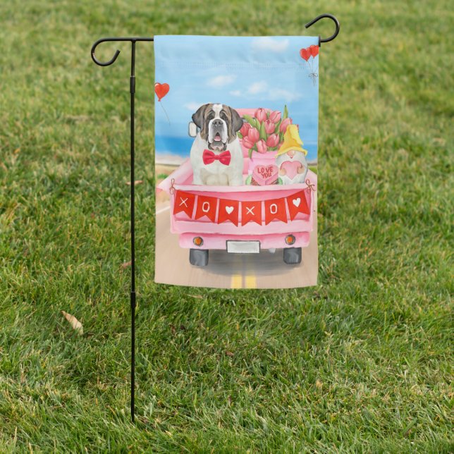 Saint Bernard Dog Valentine's Day Truck Hearts Garden Flag (In SItu)