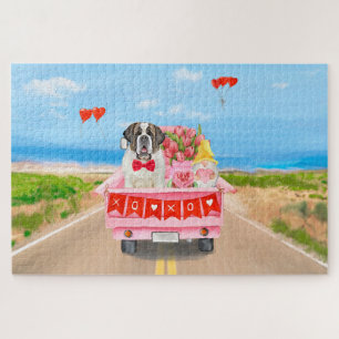 Saint Bernard Dog Valentine's Day Truck Hearts Jigsaw Puzzle