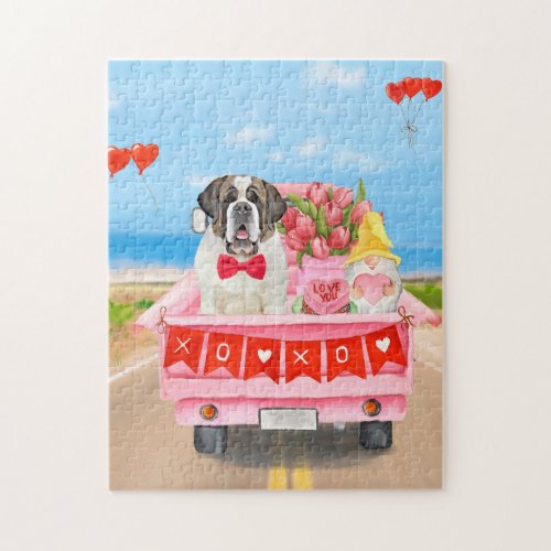 Saint Bernard Dog Valentines Day Truck Hearts Jigsaw Puzzle