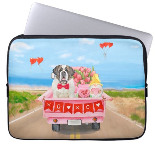 Saint Bernard Dog Valentines Day Truck Hearts Laptop Sleeve