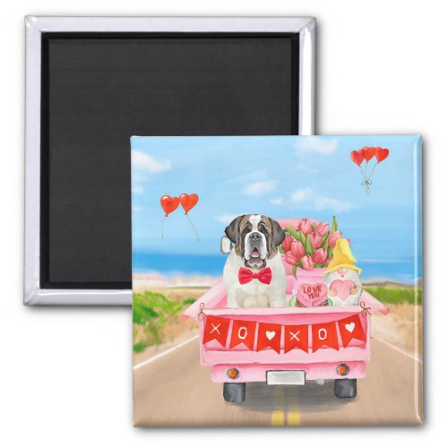 Saint Bernard Dog Valentines Day Truck Hearts Magnet